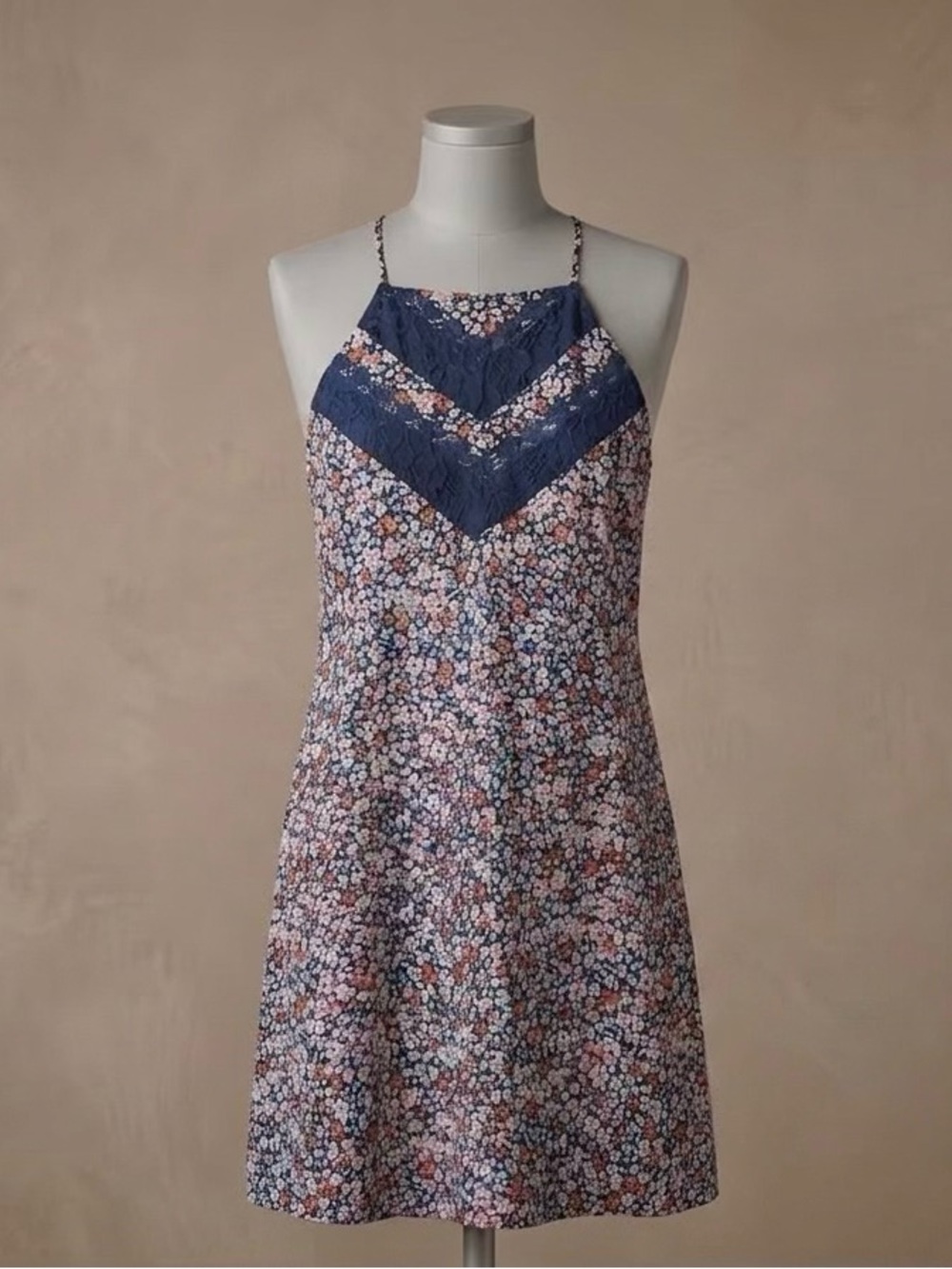 BCBGeneration Navy Floral Lace-Trim Midi Dress